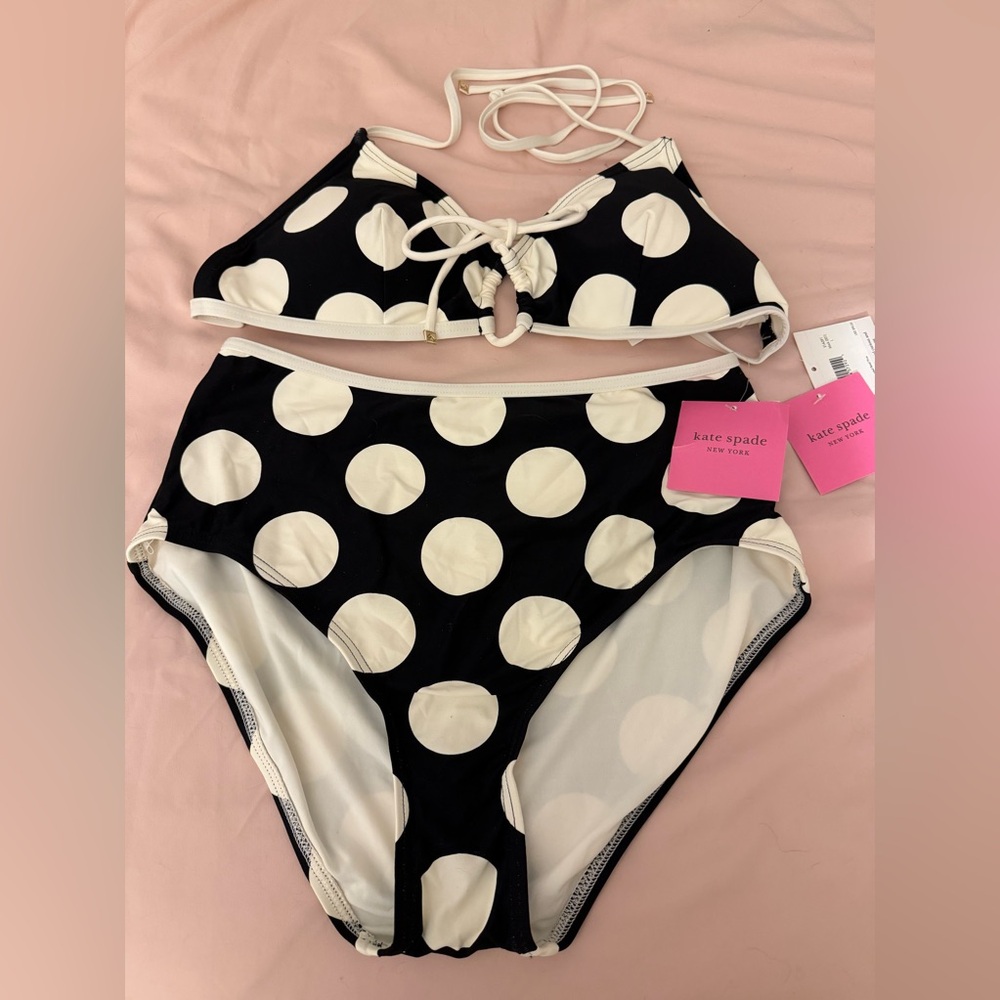 NWT Kate Spade Drawstring Front Bikini Large polka Dots black white FINAL $73